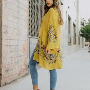 Yellow Summer Floral Embroidered Kimono/ Cardigan